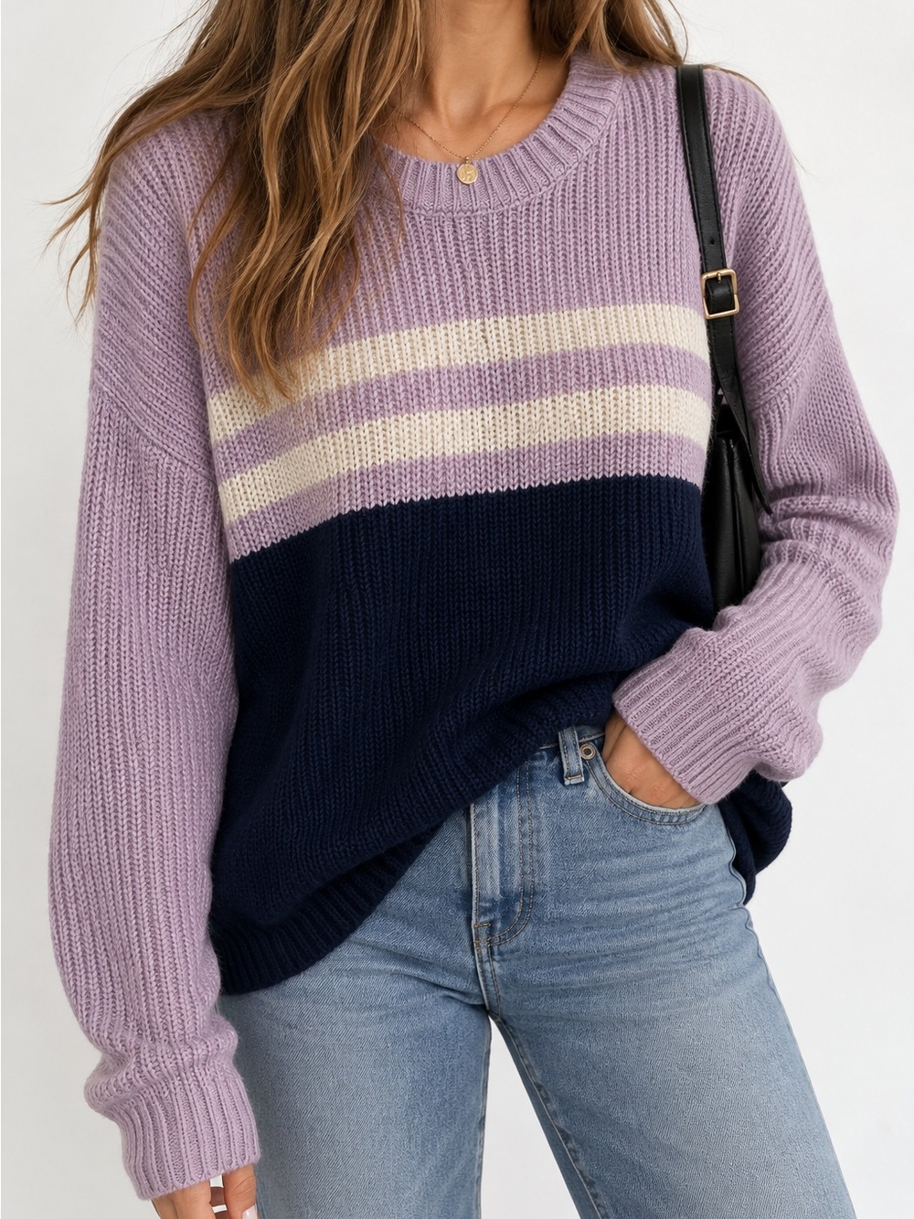 American Eagle Women’s M Lavender Navy Colorblock Striped Crewneck Sweater
